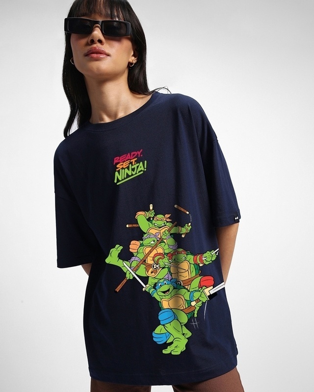 Shop Women's Blue Ready Set Ninja Graphic Printed Oversized T-shirt-Front