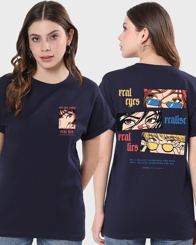 Shop Women's Blue Real Eyes Graphic Printed Boyfriend T-shirt-Front