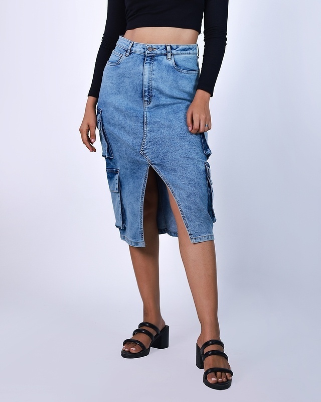 Shop Women's Blue Relaxed Fit Washed Cargo Skirts-Front