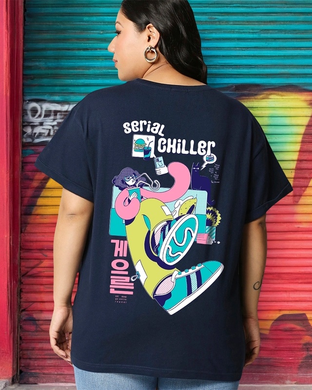 Shop Women's Blue Serial Chiller Graphic Printed Plus Size Boyfriend T-shirt-Front