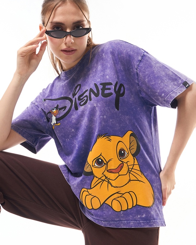 Shop Women's Blue Simba Zazu Graphic Printed Oversized Acid Wash T-shirt-Front