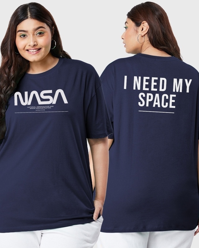 Shop Women's Blue Spaced NASA Typography Oversized Plus Size T-shirt-Front