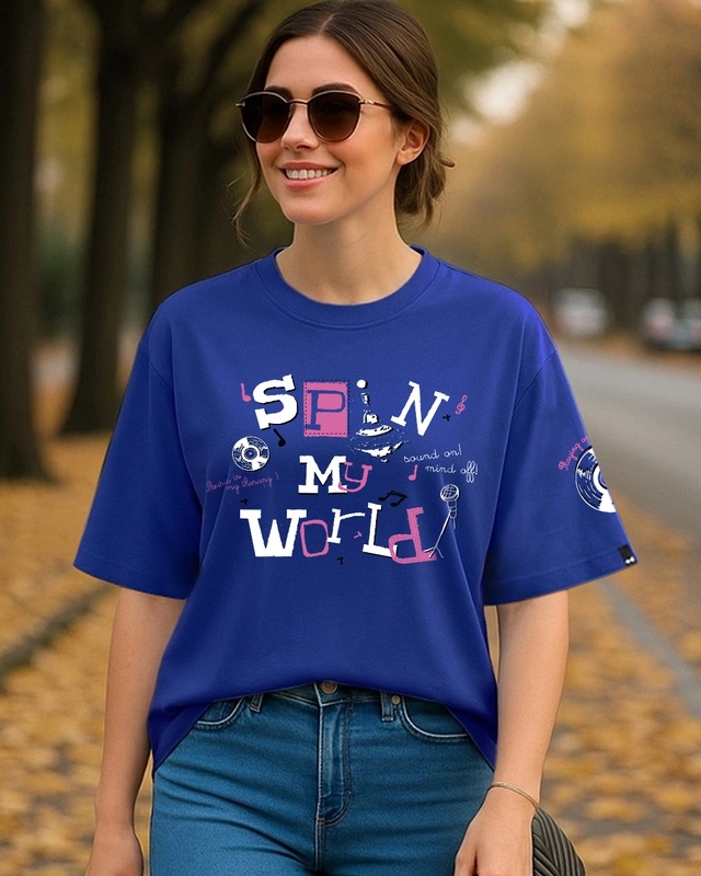 Shop Women's Blue Spin My World Graphic Printed Oversized T-shirt-Front