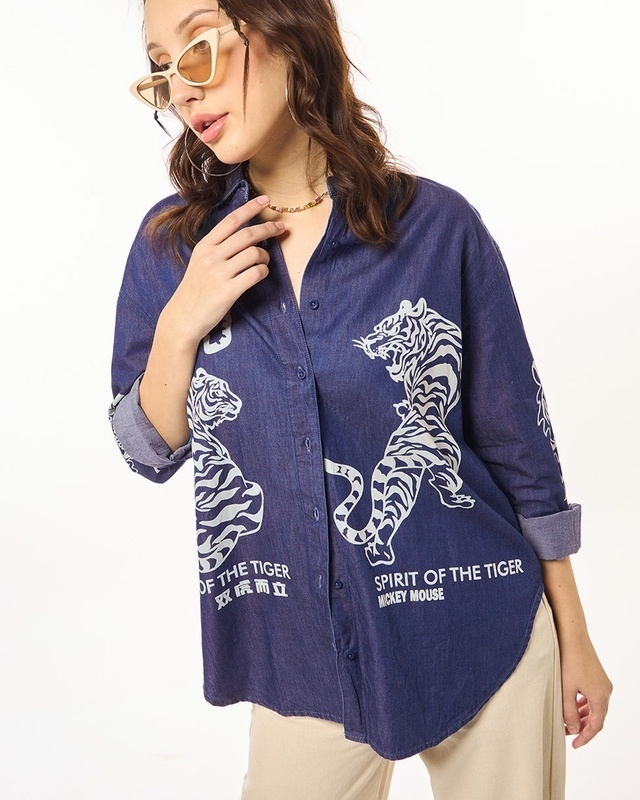 Shop Women's Blue Spirit Of Tiger Graphic Printed Oversized Shirt-Front