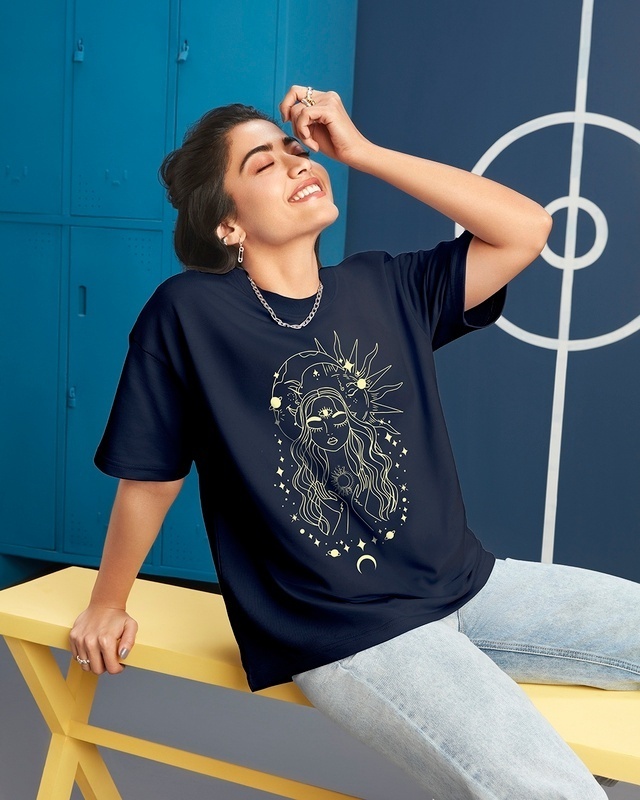 Shop Women's Blue Stardust Soul Graphic Printed Oversized T-shirt-Front
