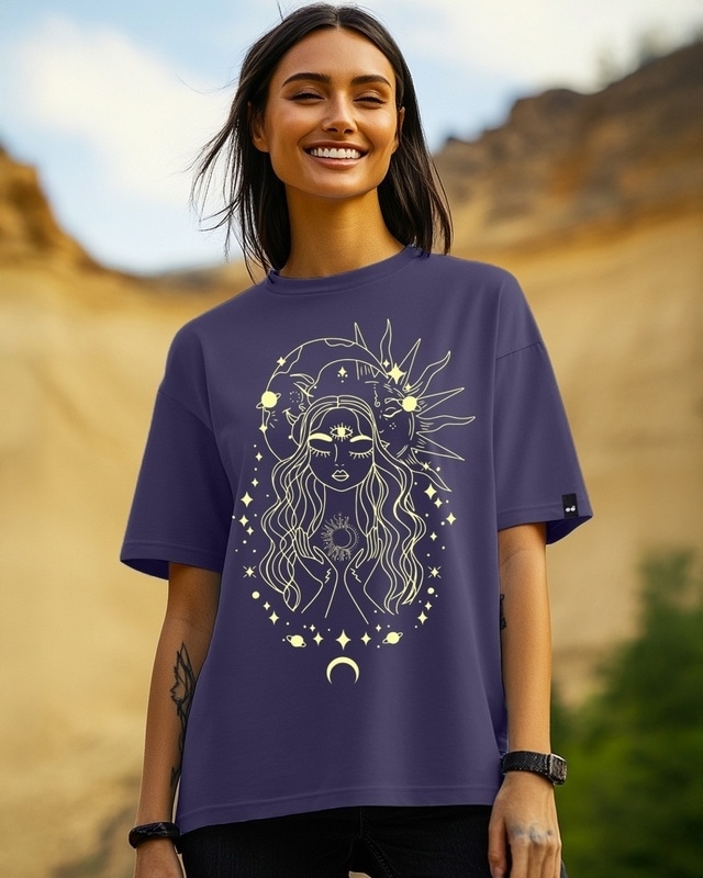 Shop Women's Blue Stardust Soul Graphic Printed Oversized T-shirt-Front