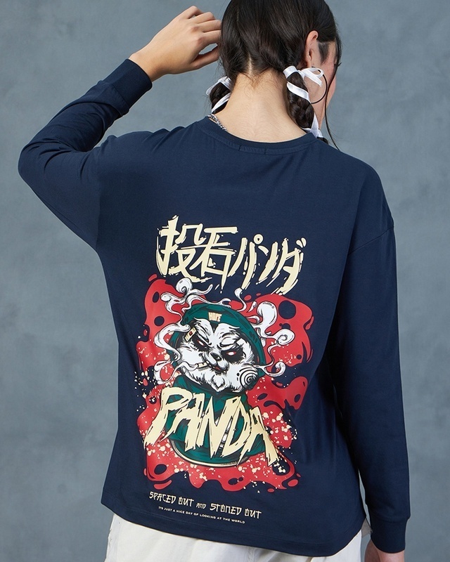 Shop Women's Blue Stoned Panda Graphic Printed Oversized T-shirt-Front