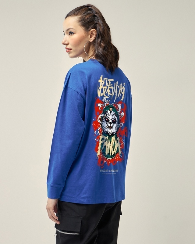 Shop Women's Blue Stoned Panda Graphic Printed Oversized T-shirt-Front