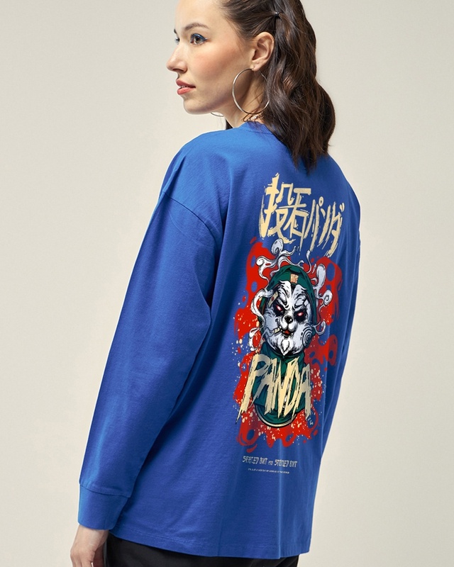 Shop Women's Blue Stoned Panda Graphic Printed Oversized T-shirt-Front