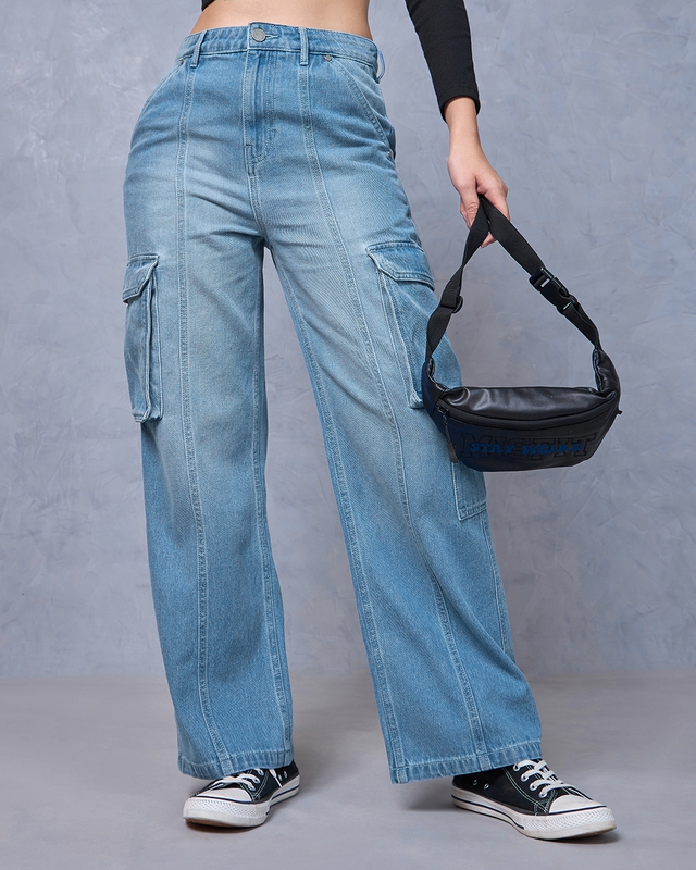 Shop Women's Blue Washed Straight Fit Cargo Jeans-Front
