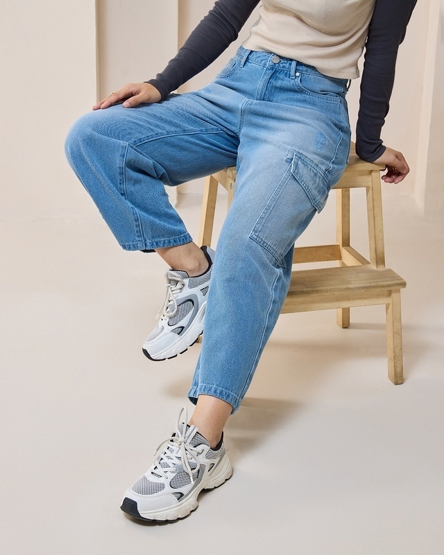 Shop Women's Blue Baggy Straight Fit Cargo Jeans-Front