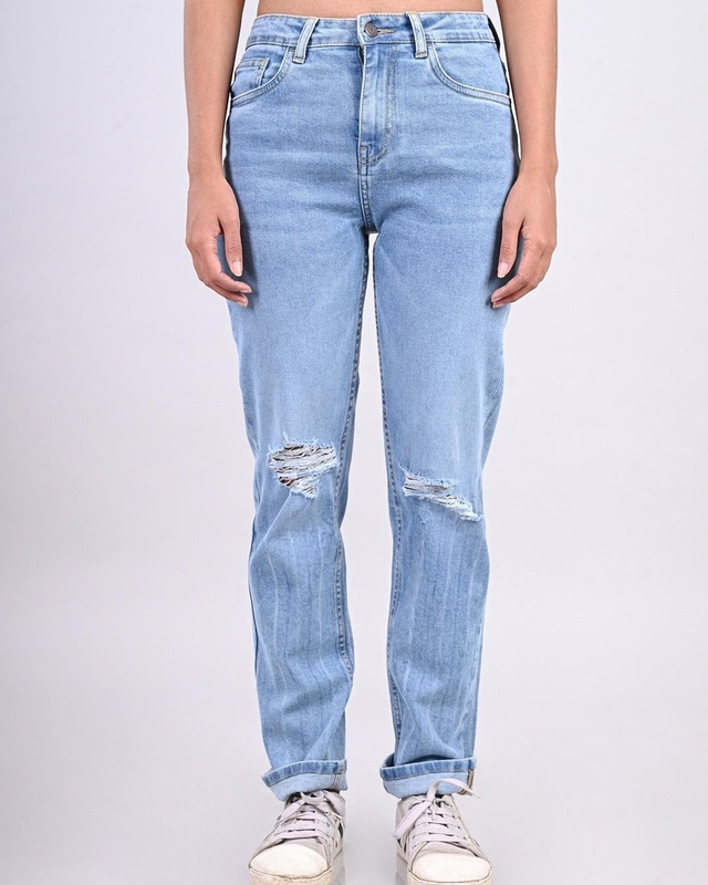 Shop Women's Blue Straight Fit Ripped Jeans-Front