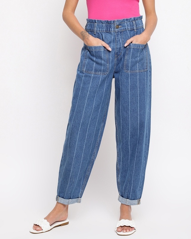 Shop Women's Blue Striped Relaxed Fit Jeans-Front