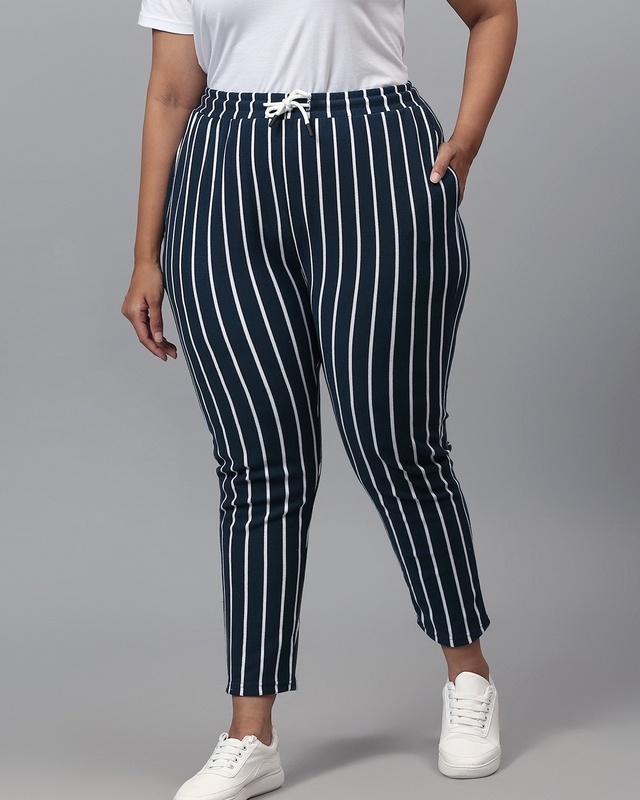 Shop Women's Blue Striped Slim Fit Track Pants-Front