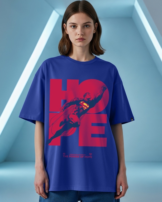 Shop Women's Blue Superman Graphic Printed Oversized T-shirt-Front