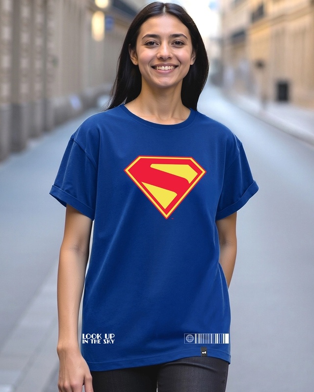 Shop Women's Blue Superman Logo Graphic Printed Boyfriend T-shirt-Front