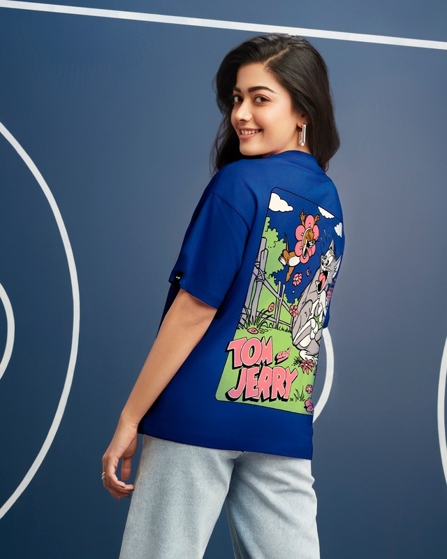 Shop Women's Blue T&J Scare Graphic Printed Oversized T-shirt-Front