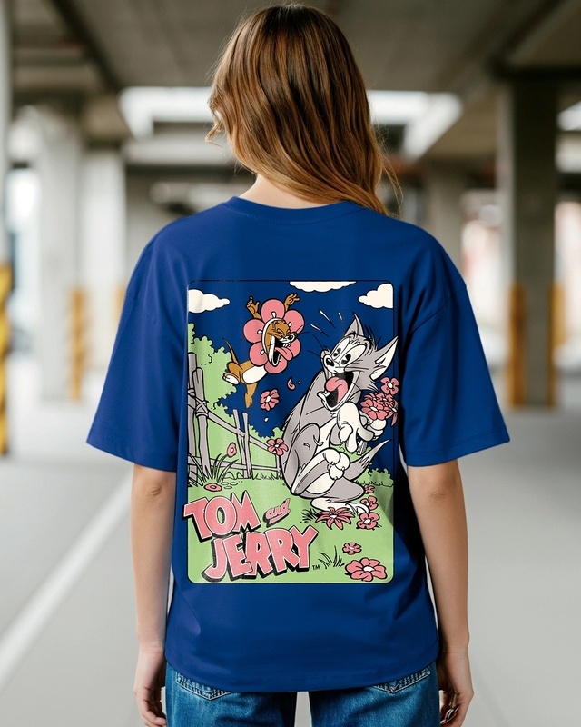 Shop Women's Blue T&J Scare Graphic Printed Oversized T-shirt-Front