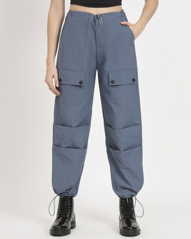 Shop Women's Blue Tapered Fit Cargo Parachute Pants-Front