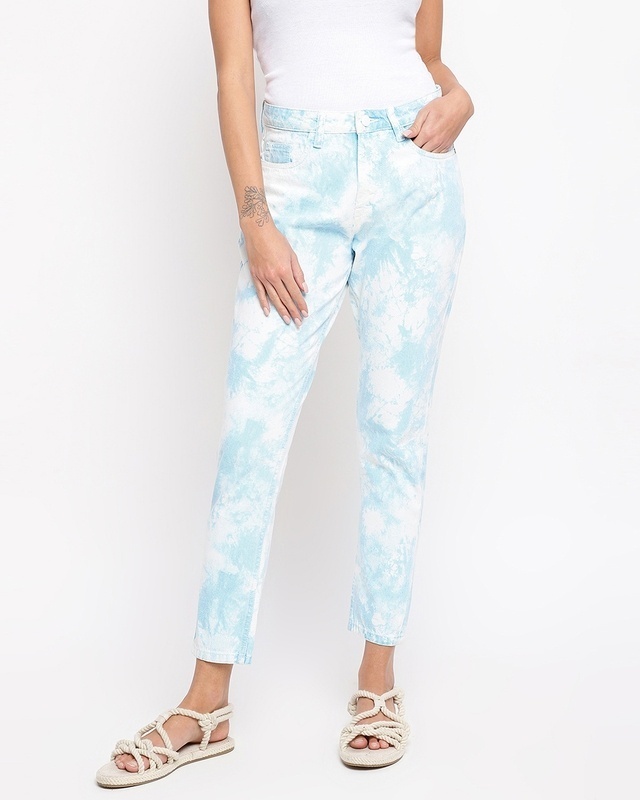 Shop Women's Blue Tie & Dye Mom Fit Jeans-Front