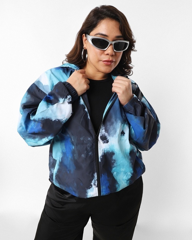 Shop Women's Blue Tie & Dye Oversized Plus Size Windcheater Jacket-Front