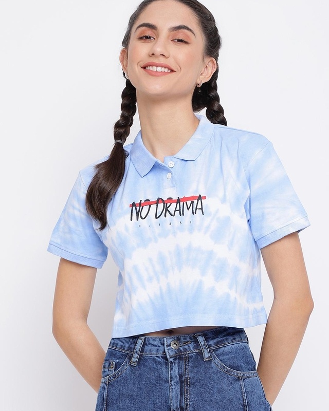 Shop Women's Blue Tie & Dye Crop Polo T-shirt-Front