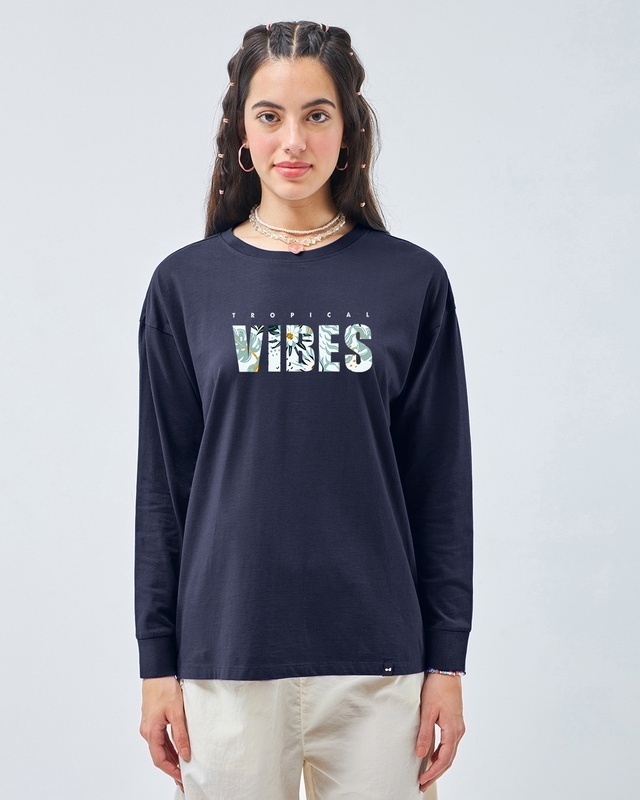 Shop Women's Blue Tropical Vibes Graphic Printed Oversized T-shirt-Front