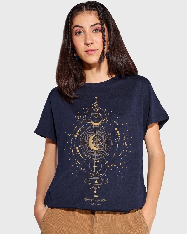 Shop Women's Blue Universe Listens Graphic Printed Boyfriend T-shirt-Front