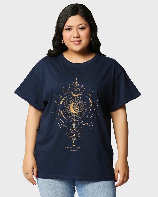 Shop Women's Blue Universe Listens Graphic Printed Plus Size Boyfriend T-shirt-Front