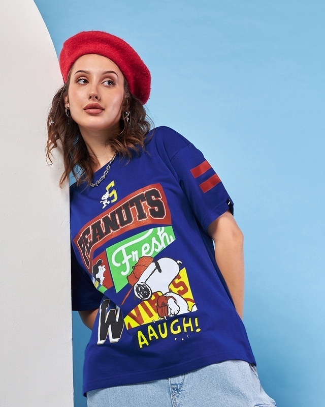 Shop Women's Blue Varsity Peanuts Graphic Printed Oversized T-shirt-Front