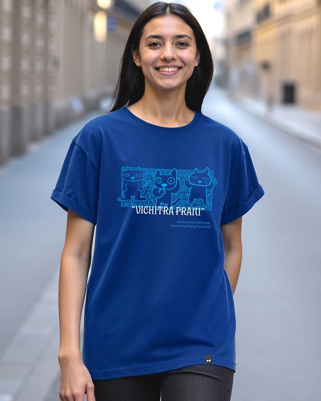Shop Women's Blue Vichitra Prani Graphic Printed Boyfriend T-shirt-Front