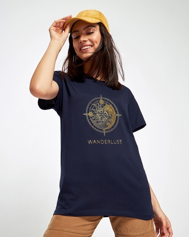 Shop Women's Blue Wanderlust Graphic Printed Boyfriend T-shirt-Front
