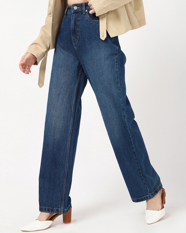 Shop Women's Blue Washed Baggy Straight Fit Jeans-Front