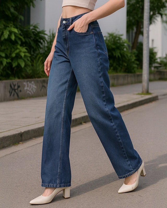 Shop Women's Blue Washed Baggy Straight Fit Jeans-Front