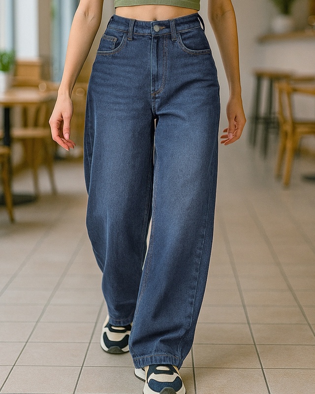 Shop Women's Blue Washed Baggy Straight Fit Jeans-Front