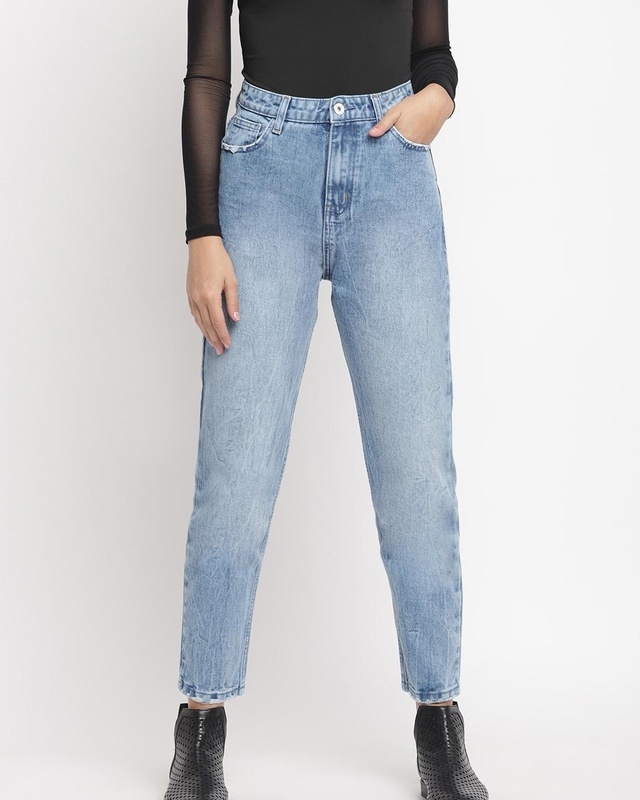 Shop Women's Blue Washed Boyfriend Fit Jeans-Front