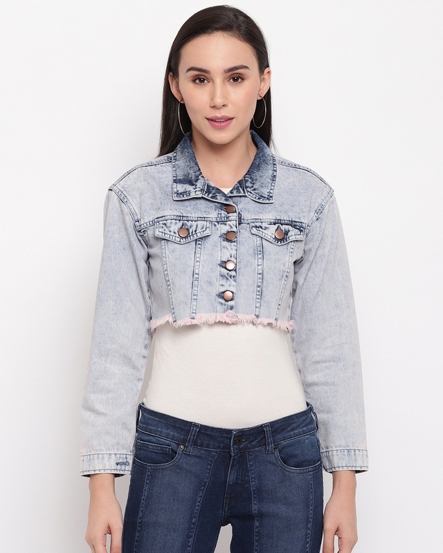 Shop Women's Blue Washed Crop Jacket-Front