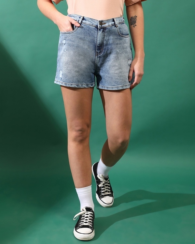 Shop Women's Blue Washed Distressed Denim Shorts-Front