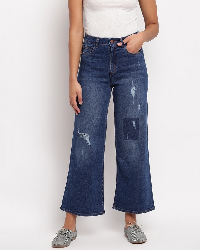 Shop Women's Blue Washed Distressed Wide Leg Jeans-Front