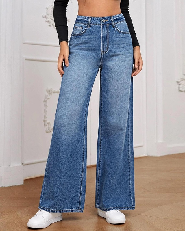 Shop Women's Blue Washed Flared Jeans-Front