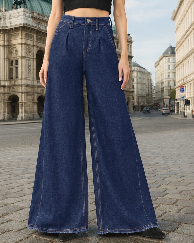 Shop Women's Blue Washed Flared Korean Jeans-Front