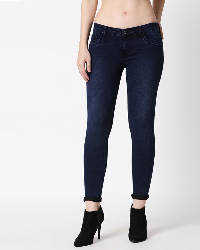 Shop Women's Blue Washed Slim Fit Mid Waist Jeans-Front