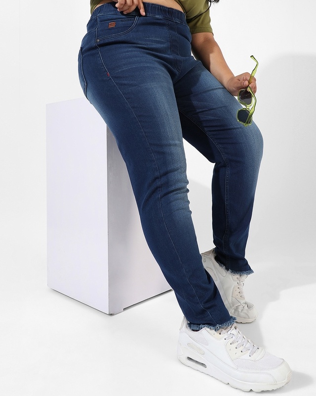 Shop Women's Blue Washed Slim Fit Plus Size Jeans-Front