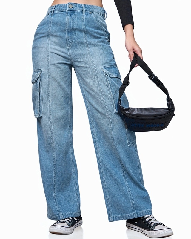 Shop Women's Blue Washed Straight Fit Cargo Jeans-Front