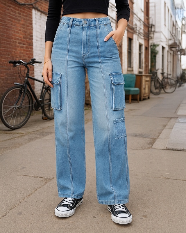 Shop Women's Blue Washed Straight Fit Cargo Jeans-Front