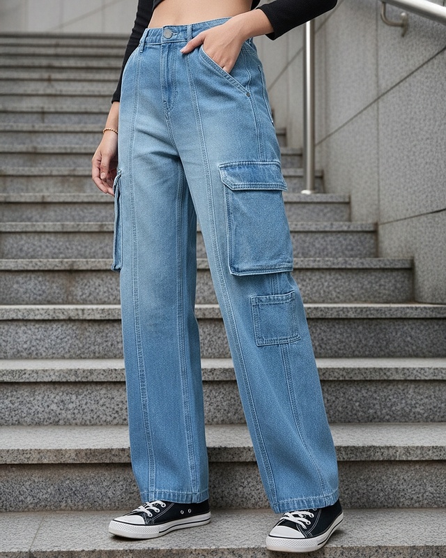 Women's Blue Washed Straight Fit Cargo Jeans-Front Bewakoof Shop Women's Blue Washed Straight Fit Cargo Jeans-Front