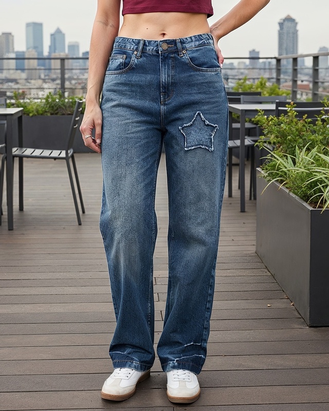 Shop Women's Blue Washed Straight Fit Distressed Jeans-Front