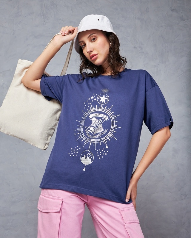 Shop Women's Blue Welcome Home Graphic Printed Oversized T-shirt-Front