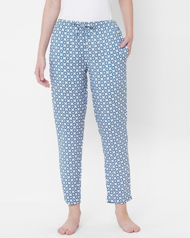 Shop Women's Blue & White All Over Printed Lounge Pants-Front