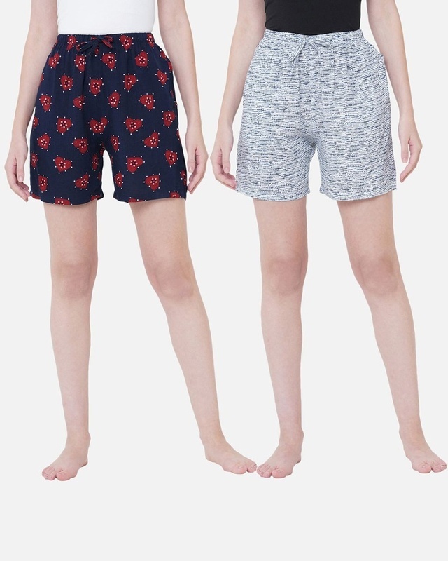 Shop Pack of 2 Women's Blue & White All Over Printed Lounge Shorts-Front